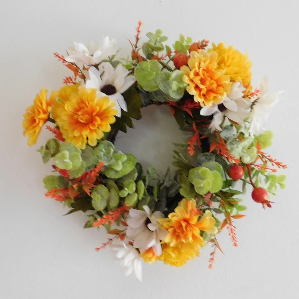 Mini Fall Wreath, Candle Ring, Grapevine Wreath, Year Round Cabinet Decor MIrror
